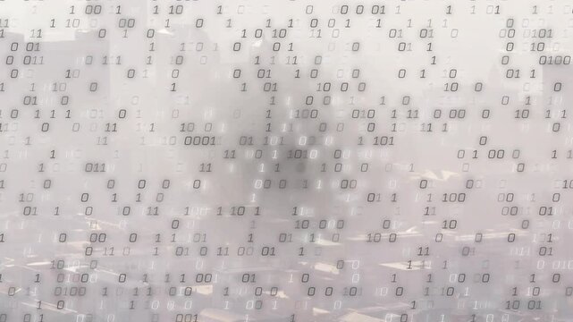 On scene reveal, binary overlay appearing, clustering into vertical columns and visualizing data
