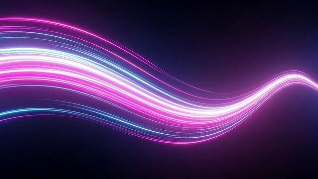 Wavy neon light trails in pink and blue colors on a dark background creating a futuristic design