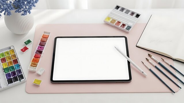 Digital art and watercolor supplies on a clean creative workspace.