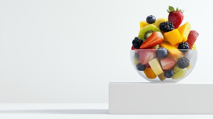 A vibrant fruit salad in a clear glass bowl, overflowing with fresh strawberries, blueberries, kiwi, mango, and blackberries, presented on a white surface again