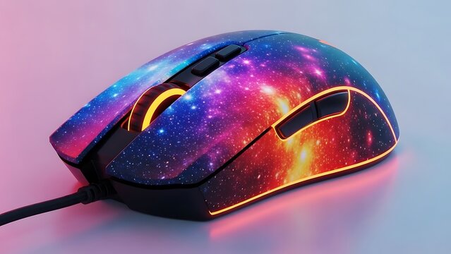 Close up of a galaxy themed computer mouse with orange lights on a bright background surface
