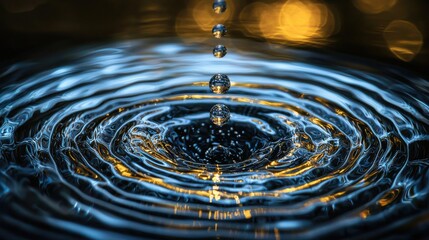 Optical interference effects water droplet collision macro photography concentric ripple waves golden blue light refraction liquid surface abstract patterns dynamic motion