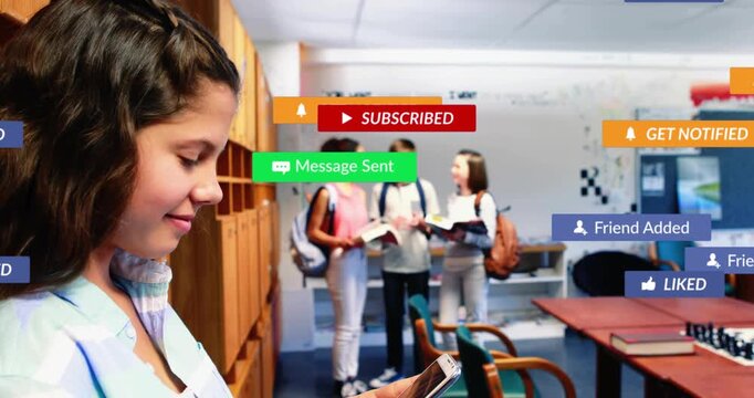 Left teen student tapping phone by lockers, causing social badges filling study area for education