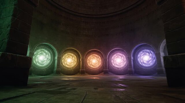 Ancient mystical stone chamber with glowing colorful magical energy portals and runes