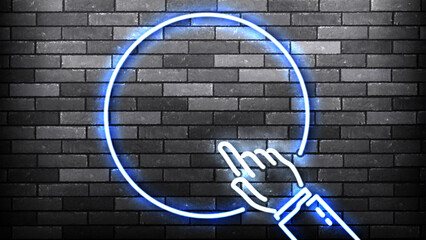 Vector neon circle frame with a pointing hand isolated on wall background.
