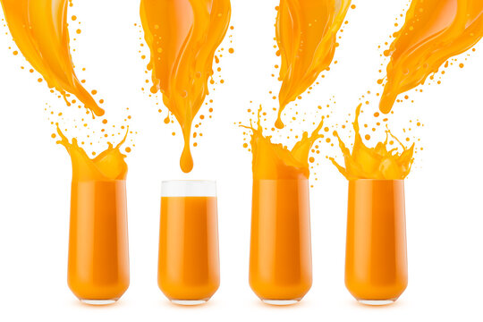 Fresh orange mango juice flow pour in glass with bright flying drops, splashes, isolated. Collection of four glasses. Healthy organic drink for detox diet menu, fitness food advertising, poster. - Powered by Adobe