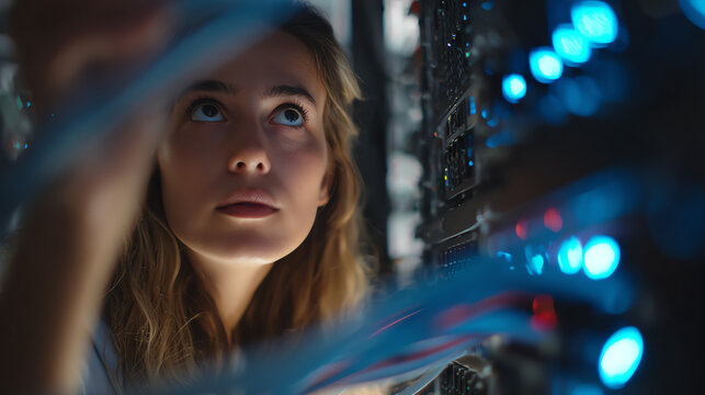 A focused professional troubleshooting server connections in a data center, showcasing the intricacies of technology.