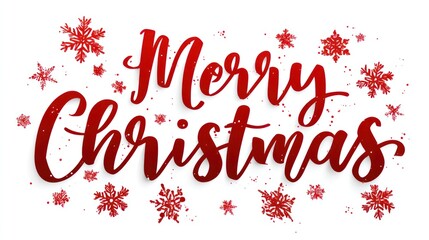 Merry christmas text with red snowflakes, isolated on white background