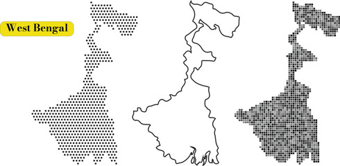Three different artistic representations of the map outline of west bengal, india
