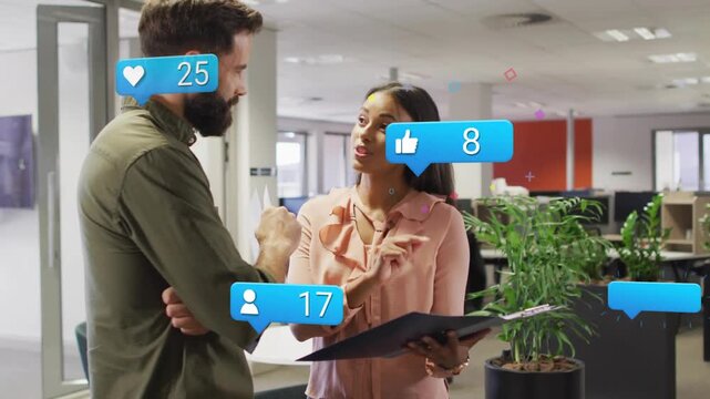 Woman showing folder to marketer reviewing content, bubbles floating around them updating likes