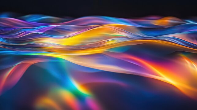 Wave diffraction colors flowing spectrum bands abstract laser interference patterns cyan blue purple pink yellow orange wavelengths dark background optical phenomena