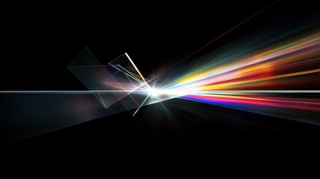 Laser beam divergence prismatic light dispersion through glass prism creating vibrant rainbow spectrum rays spreading outward against dark background optical physics