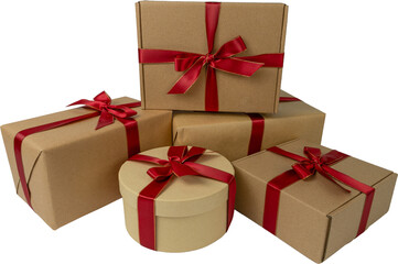 Stack of Craft Wrapped Gift Boxes with Red Ribbon Bows