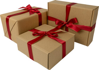 Stack of Craft Wrapped Gift Boxes with Red Ribbon Bows