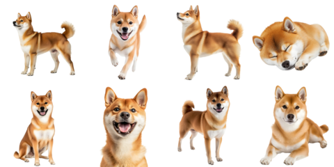 Set of cute Shiba Inu dogs in various poses and from different angles, isolated on a transparent background PNG