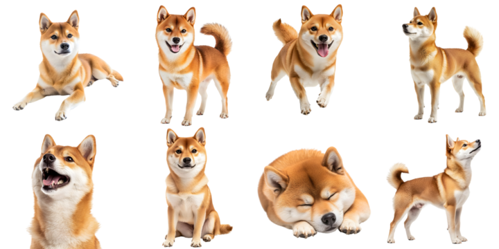Set of cute Shiba Inu dogs in various poses and from different angles, isolated on a transparent background PNG
