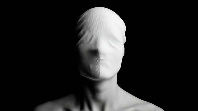 Human figure with covered face standing against a black background during a creative art project