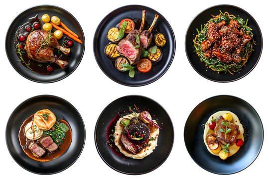 Set of various delicious restaurant main courses, isolated on a transparent PNG background