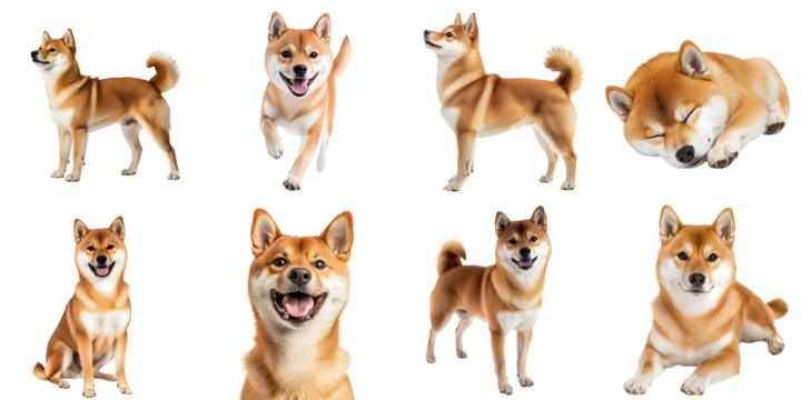 Set of cute Shiba Inu dogs in various poses and from different angles, isolated on a transparent background PNG