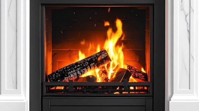Fiery Fireplace Display: Elegant White Marble Mantle, Burning Logs, and Warm Cozy Flames