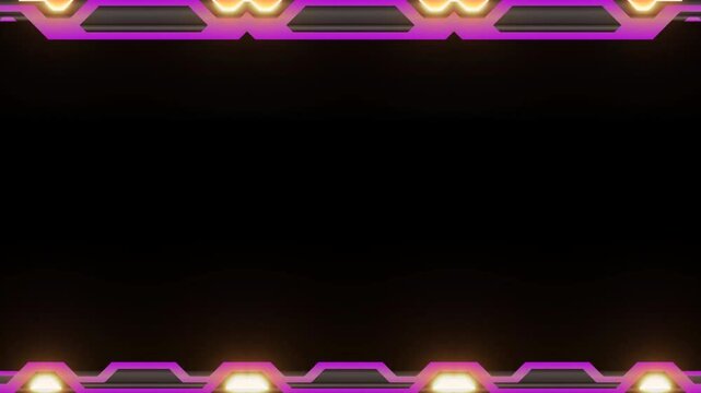 Long horizontal mechanical flashing purple perpendicular lines frame on black background with space for your own content.