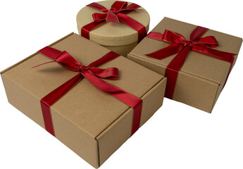 Stack of Craft Wrapped Gift Boxes with Red Ribbon Bows