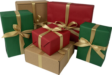 Stack of Multicolored Wrapped Christmas Presents with Gold Ribbons