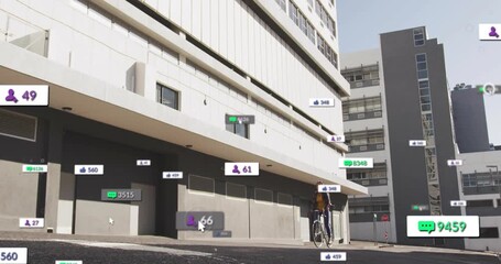 Female cyclist pedaling to center as AR badges clustering on facade and near bicycle for marketing - Powered by Adobe