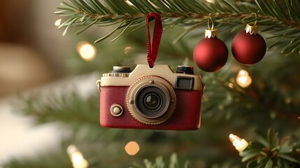 Camera ornament hanging on a Christmas tree with red balls and warm lights glowing