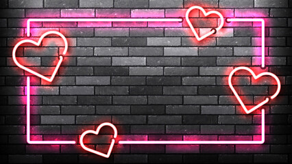 Vector neon frame with hearts isolated on wall background. Concept of Valentine's Day and love.