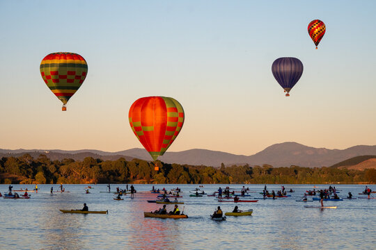 Hot Air Balloons flying over Lake Burley Griffin, Canberra, Australia