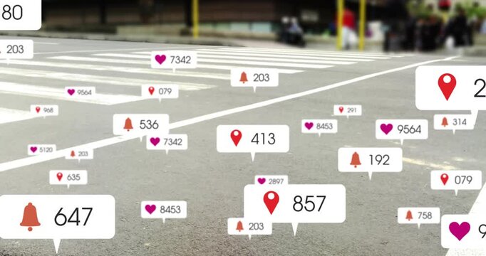 Blurred legs entering, starting icons clustering and growing as crowd walking, showing interest