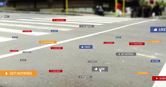 Feet walking across crosswalk as passing bus triggers UI badges spreading, showing engagement