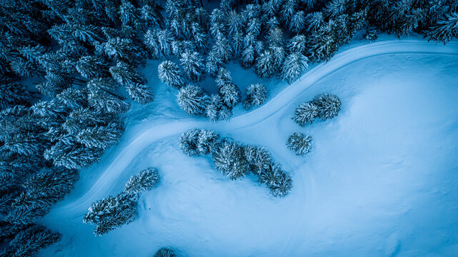 Aerial view of a snow-covered forest in winter mountains