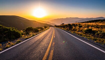 Fototapeta premium A scenic view of a road winding through a mountainous landscape at sunset, with a vibrant sky and golden light.