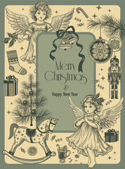 Vintage Christmas Eve card. Angels and Traditional holiday Xmas symbols. Vector. Old engravings style.