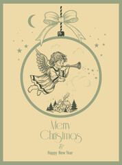 Christmas eve. Cute angel trumpeting. Xmas tree bauble. Festive card. Vector.