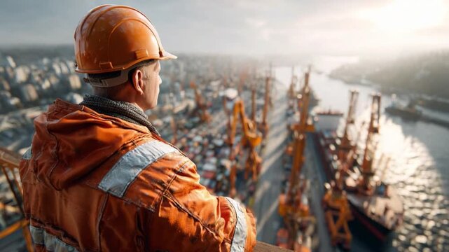Vision of Industry: An experienced engineer overlooks a bustling port, symbolizing progress, and economic strength, bathed in golden sunlight.