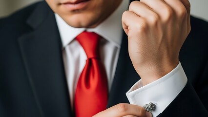 Man in black suit adjusting silver cufflink on white shirt sleeve