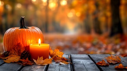 Autumn scene with a pumpkin and candle glowing among fallen leaves in a beautiful forest setting