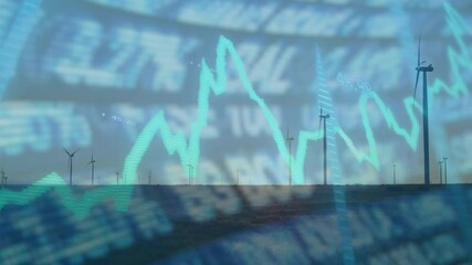 On market data update, teal line chart climbing and oscillating over wind farm, visualizing trends - Powered by Adobe