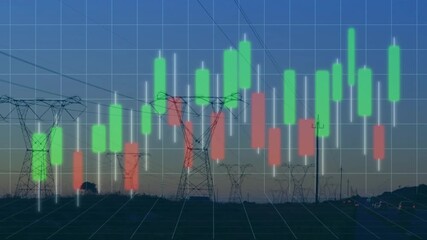 Candlestick chart appearing over dusk towers animating candles rising right showing live grid data - Powered by Adobe