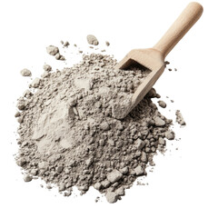 Wooden scoop filled with grey cement powder and loose material isolated on transparent background
