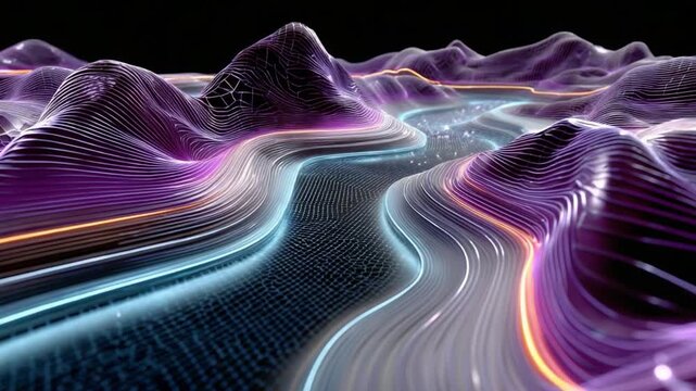 Abstract Valley Landscape: An ethereal landscape of rolling hills and meandering rivers, illuminated by vibrant, glowing lines, creates a futuristic and visually stunning design.