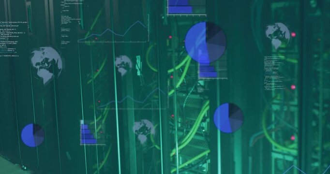 Zooming camera causing HUD fading, scaling over server rack with green cables, showing stats