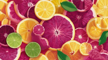 A vibrant composition of sliced citrus fruits including oranges, lemons, limes, and grapefruits, creating a colorful and appetizing arrangement.
