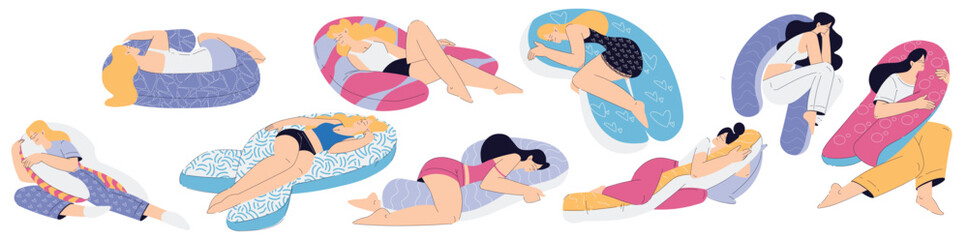 Obraz premium Woman Sleep Embracing Soft Pillow Have Sweet Dreams Vector Illustration Set