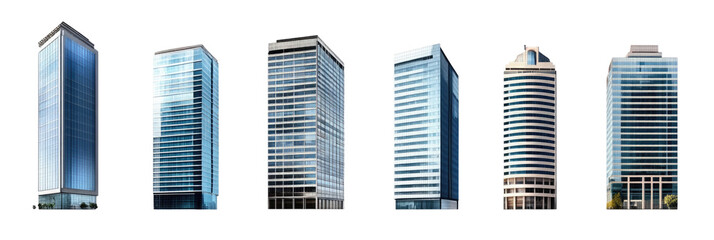 Collection of modern glass skyscrapers with unique architectural designs isolated on transparent background
