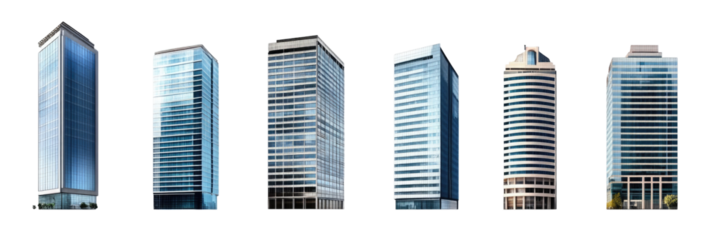 Collection of modern glass skyscrapers with unique architectural designs isolated on transparent background