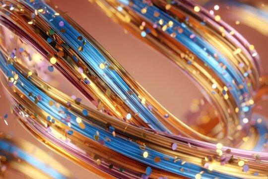 Dynamic abstract composition of colorful metallic ribbons and sparkling particles - Powered by Adobe